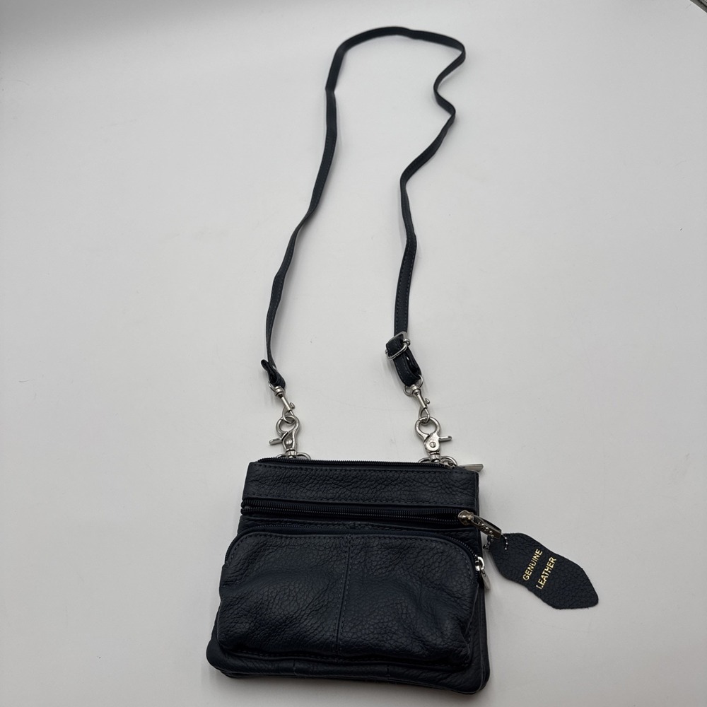 Vintage Women's Navy Blue Genuine Leather Belt Bag Purse Removable strap Biker